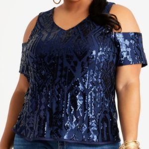 NWT Ashley Stewart Blue Cold Shoulder Sequined Tee Size 22/24